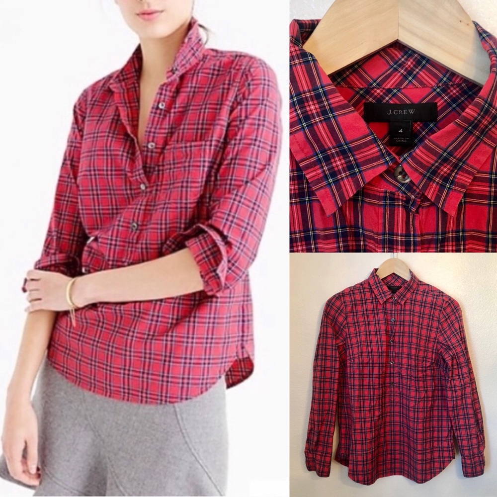 J. CREW | Red Tartan Buttonup Popover Shirt 4